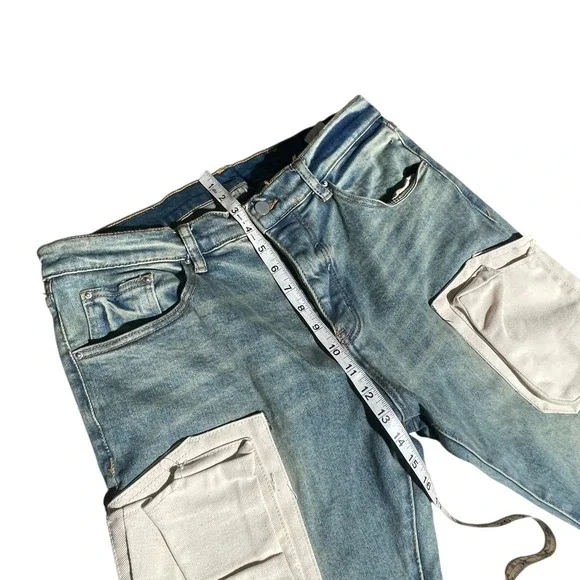 MNML M1 Stretch Denim Cargo Jeans Blue Zipper Distressed Men Size 33 Cargo